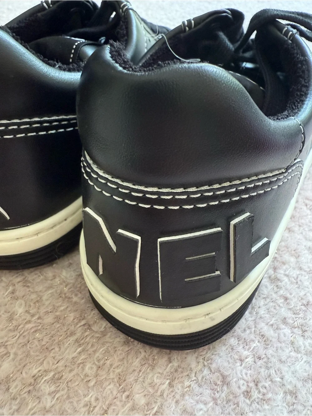 CHANEL Black Leather Low-Top Sneakers with White Stitching size 6 never worn